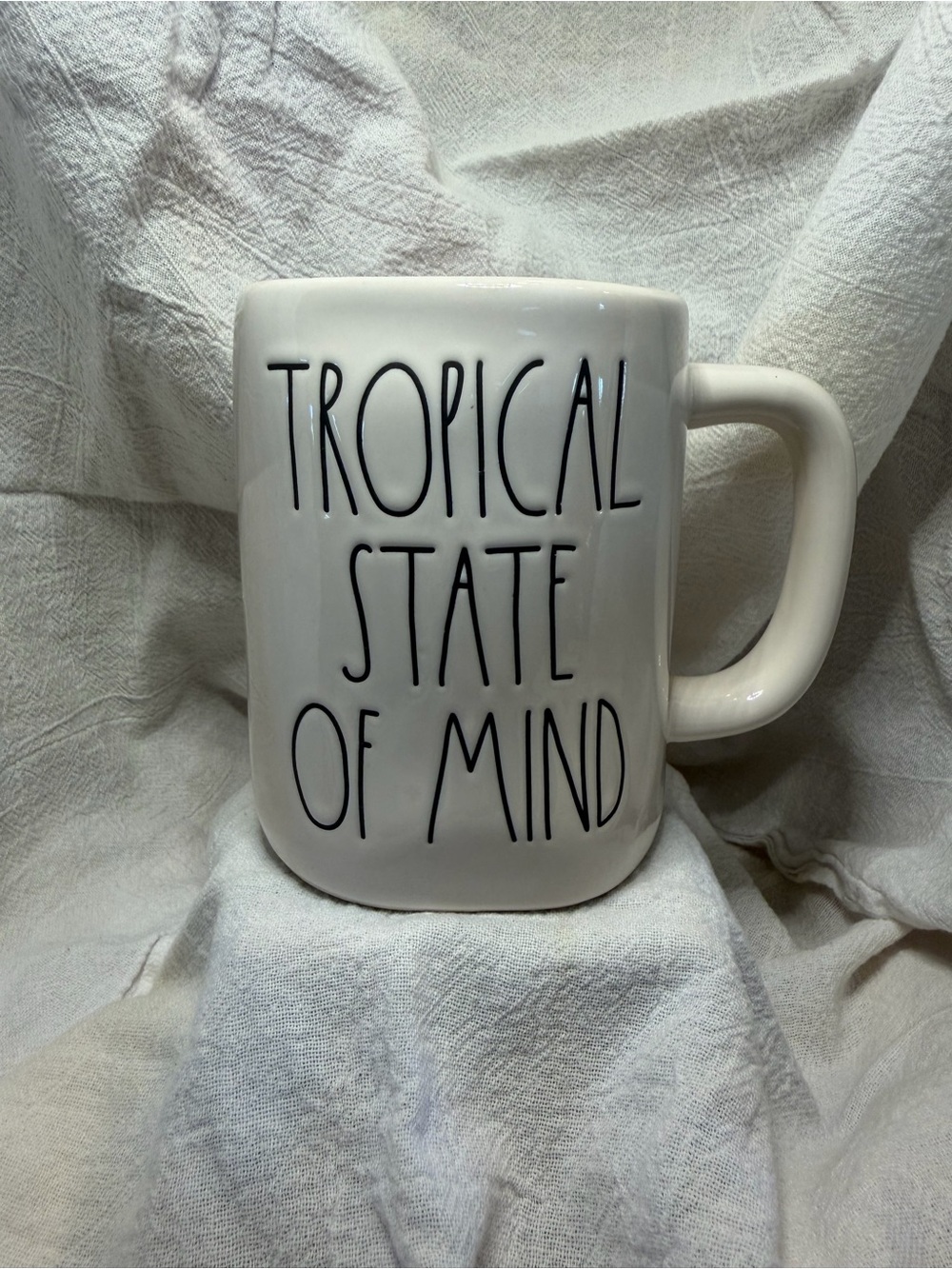 Rae Dunn White Mug with Black 'Tropical State of Mind' Lettering